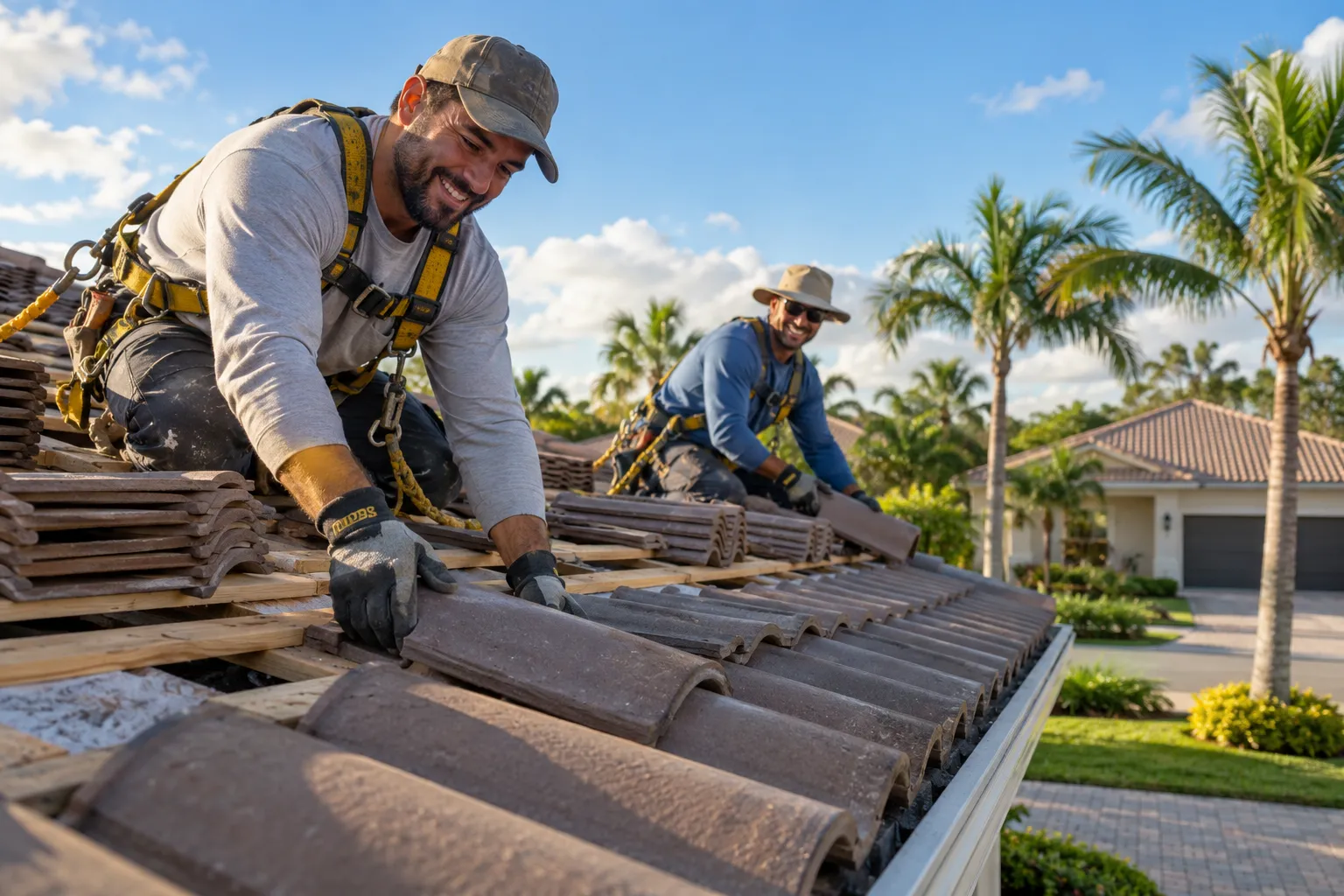 A friendly roofing crew installing new roof tiles on a home in Plant City